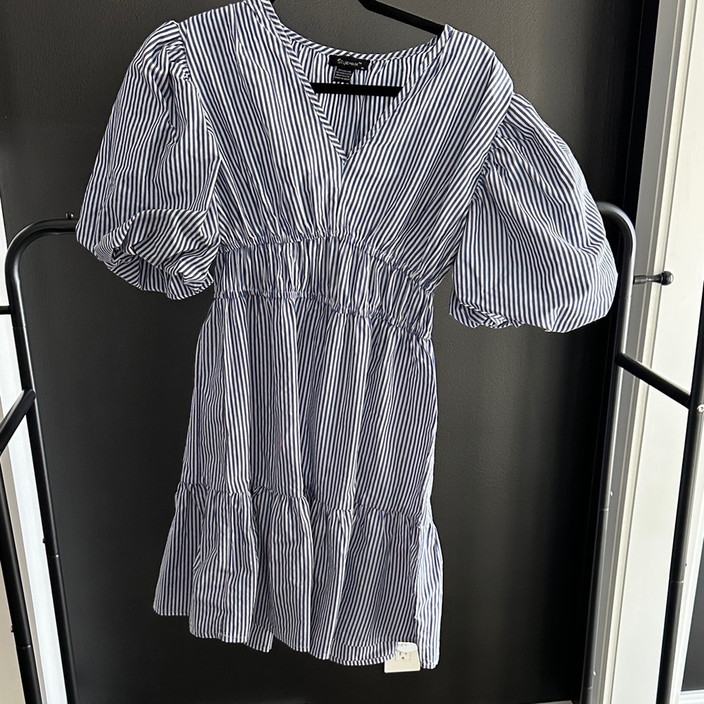 Striped V-Neck Puff Sleeve Dress
